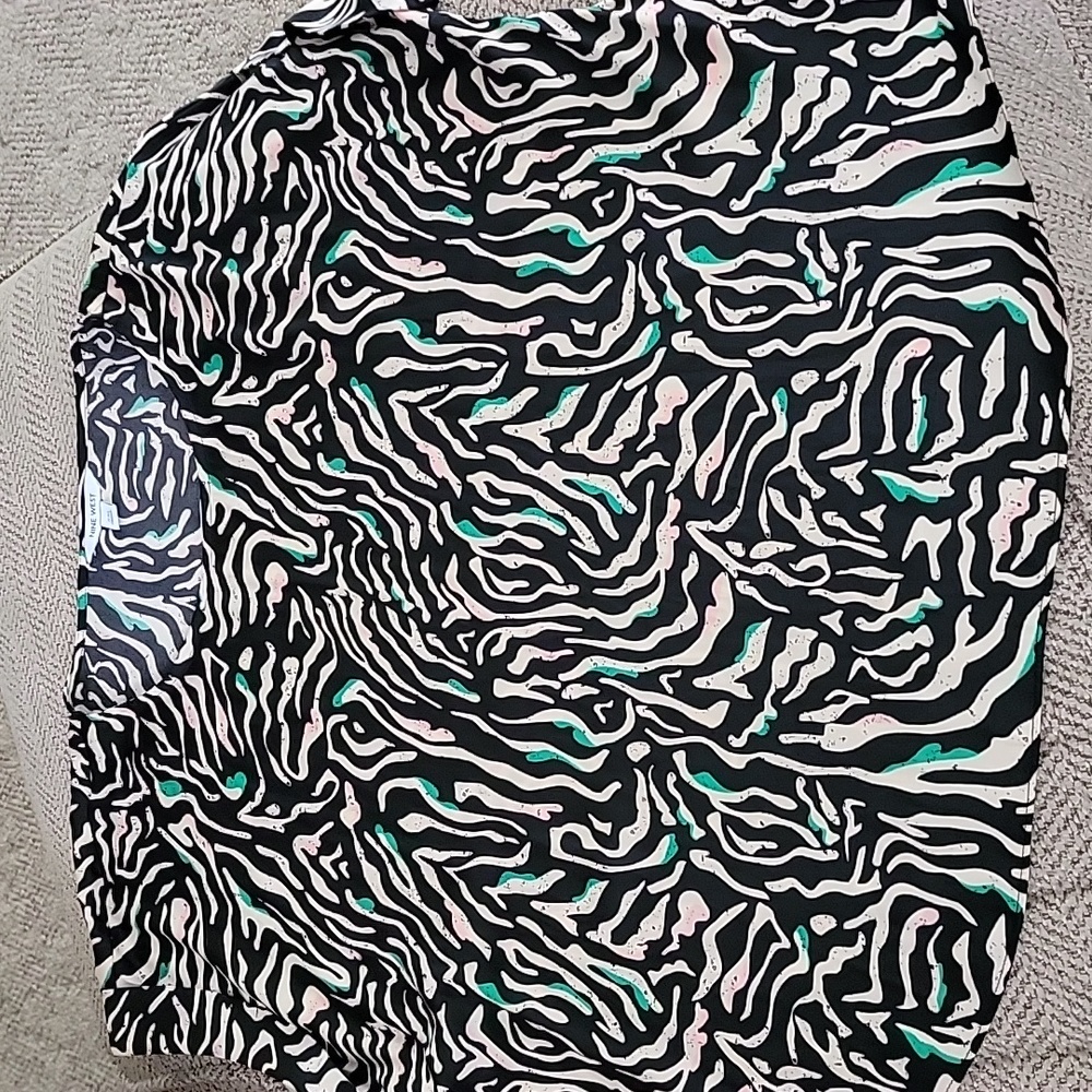 Soft, silky top, black, tan, green and pink pattern
